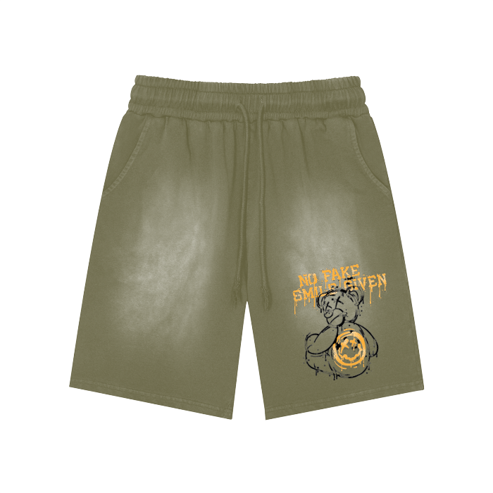 NO FAKE SMILE GIVEN Rectangle Patch Monkey Washed Shorts  - 360 GSM